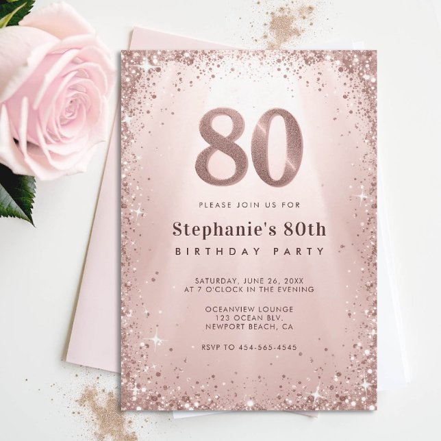 Invitación Purpurina Glam Rosa Gold Sparkles Moda 80 cumpleañ (80th birthday invitation for women glitter sparkle rose gold glam elegant stylish classy)