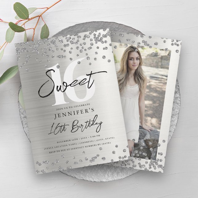 Invitación Purpurina Glam Silver Foto Dulce 16 Fiesta (Glam Silver Glitter Photo Sweet 16 Party Invitation)
