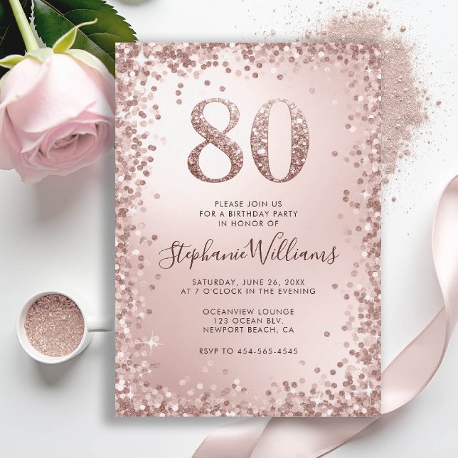 Invitación Purpurina Glam Sparkles Rosa Moda de Oro 80 cumple (80th birthday invitation for women glitter sparkle rose gold elegant glam luxury stylish classy)