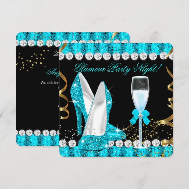 Invitación Purpurina Glamour Fiesta Noche Verde azulado Azul  (Anverso / Reverso)
