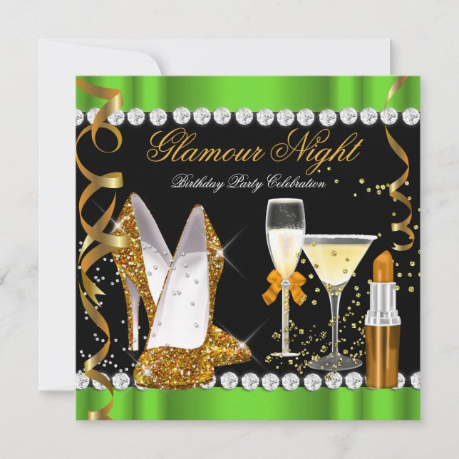 Invitación Purpurina Glamour Night Lime Green Gold Fiesta neg (Anverso)