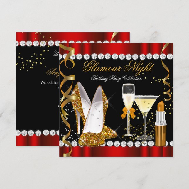 Invitación Purpurina Glamour Night Red Gold Fiesta Negro (Anverso / Reverso)