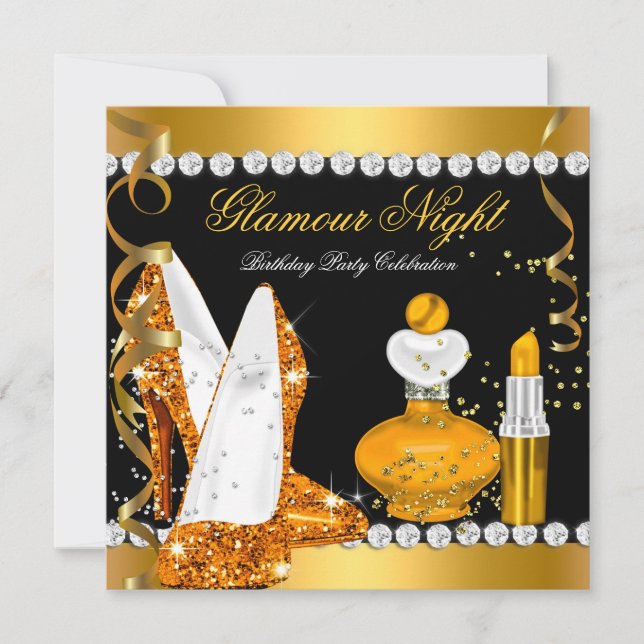 Invitación Purpurina Glamour Noche Oro Amarillo Fiesta Negro (Anverso)