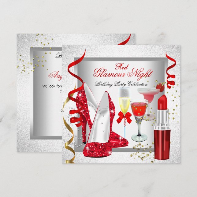 Invitación Purpurina Glamour noche Plata Fiesta de bebidas (Anverso / Reverso)