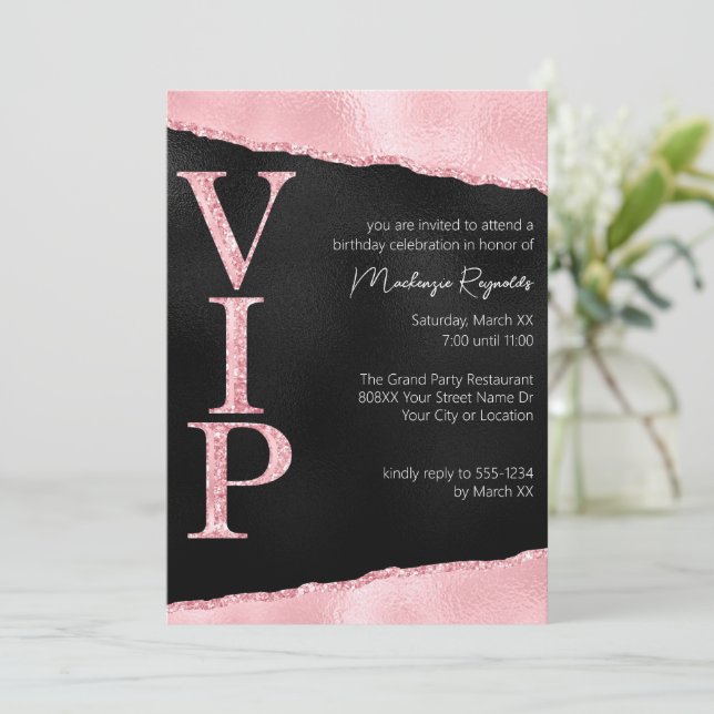 Invitación Purpurina glamuroso rosa y negro Fiesta VIP (Anverso de pie)