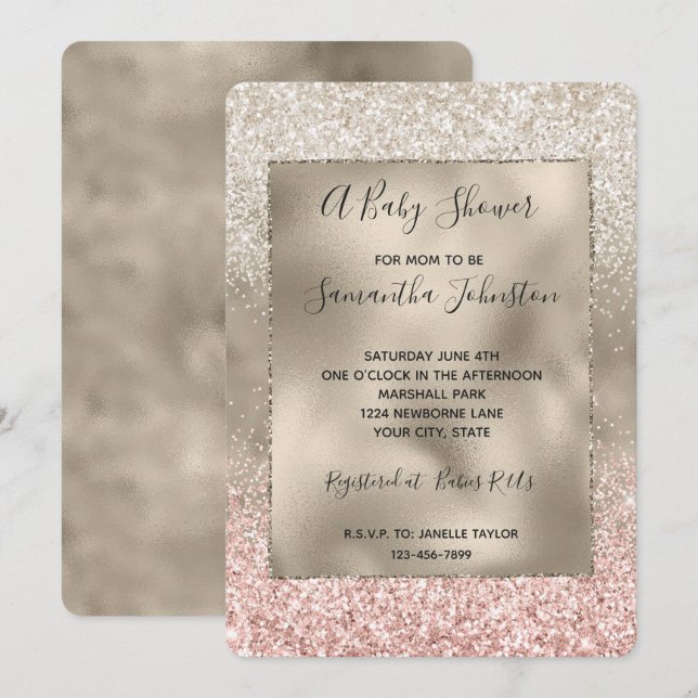 Invitación Purpurina Glitzy Blanco Rosa de Oro Champagne (Anverso / Reverso)