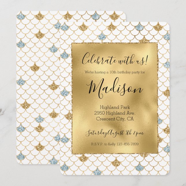 Invitación Purpurina Glitzy Mermaid Blue Gold Sparkle (Anverso / Reverso)