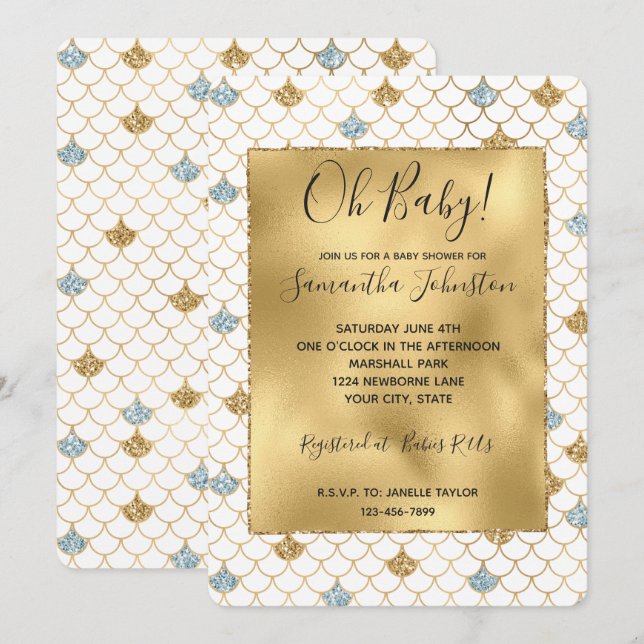 Invitación Purpurina Glitzy Mermaid Blue Gold Sparkle (Anverso / Reverso)