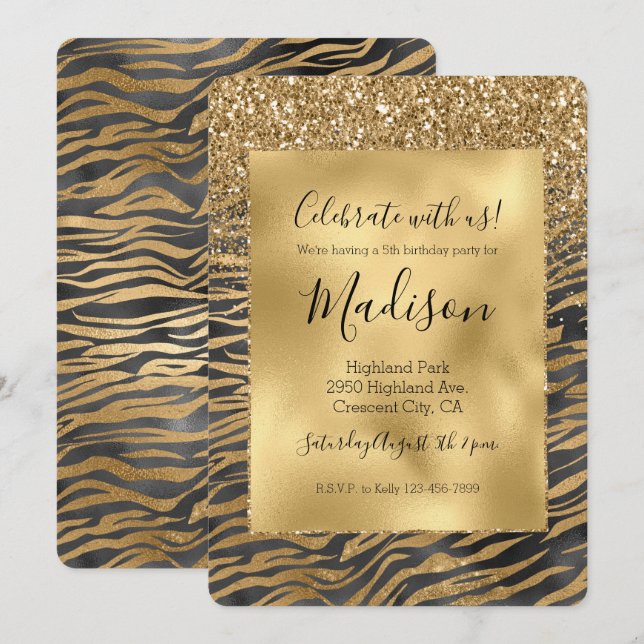 Invitación Purpurina Glitzy negro dorado Impresión de cebra e (Anverso / Reverso)
