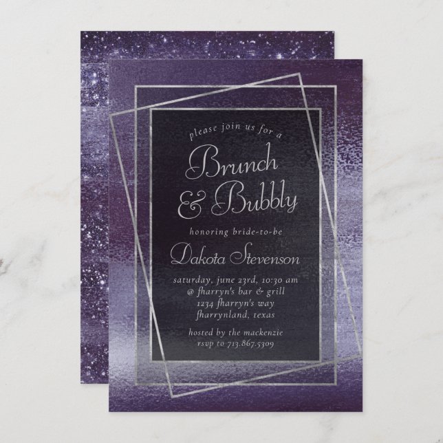 Invitación Purpurina Glitzy Purple | Relieve metalizado Spark (Anverso / Reverso)