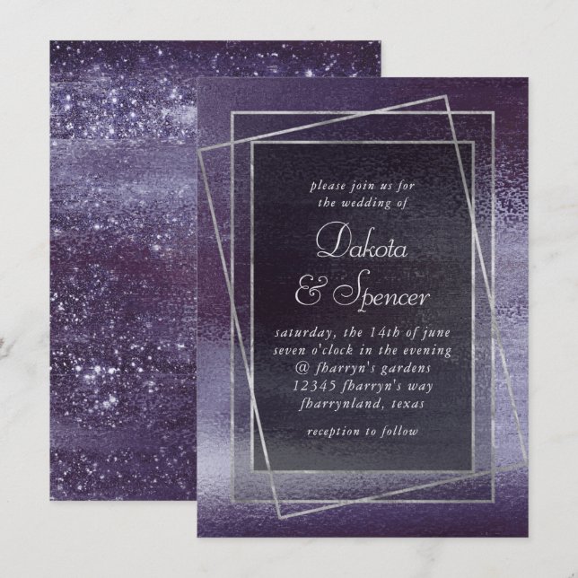 Invitación Purpurina Glitzy Purple | Relieve metalizado Spark (Anverso / Reverso)