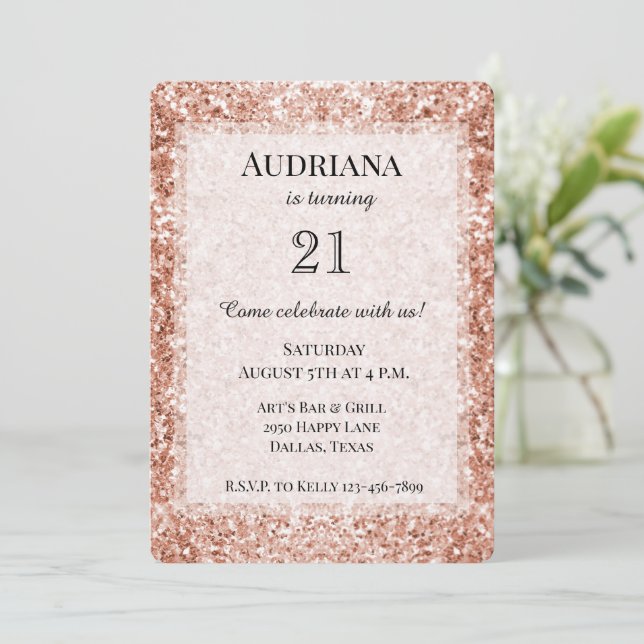 Invitación Purpurina Glitzy Rosa Gold Cumpleaños (Anverso de pie)