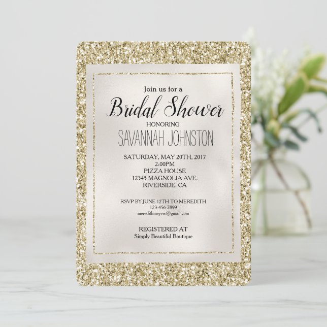 Invitación Purpurina Glitzy White Pearl Gold (Anverso de pie)