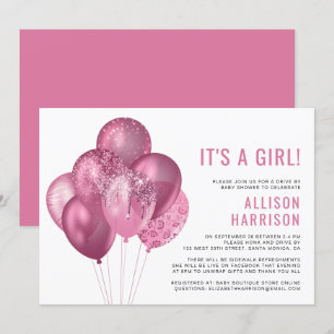 Invitación Purpurina Globos Rosados Manejados Por Bebé Chica 
