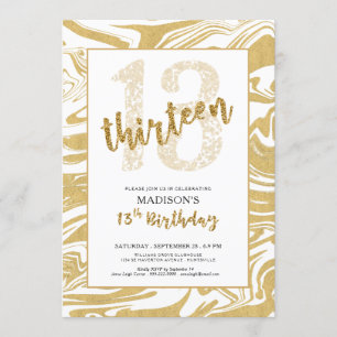 Invitación Purpurina Gold 13 cumpleaños guión moderno