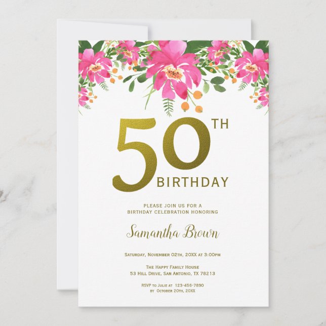 Invitación Purpurina Gold 50 cumpleaños fiesta acuarela Flora (Anverso)