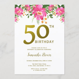 Invitación Purpurina Gold 50 cumpleaños fiesta acuarela Flora