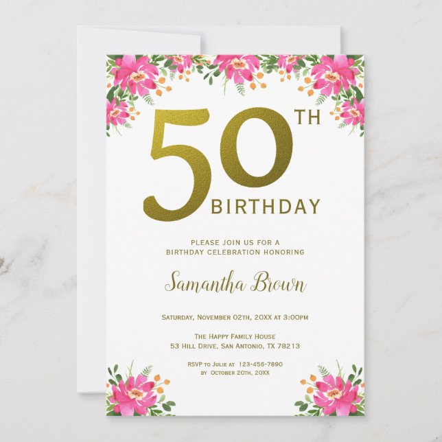 Invitación Purpurina Gold 50 cumpleaños floral rosa (Anverso)