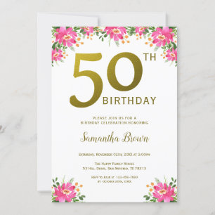 Invitación Purpurina Gold 50 cumpleaños floral rosa