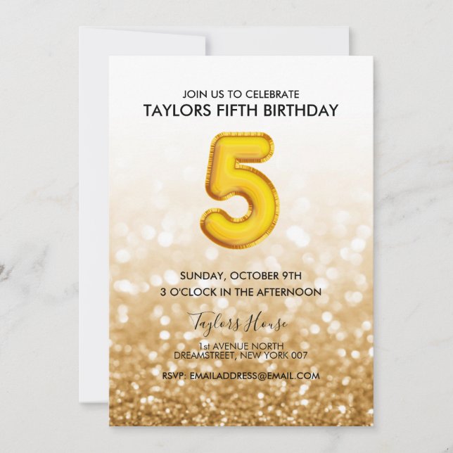 Invitación Purpurina Gold Balloon Gold Fiesta de cumpleaños 5 (Anverso)