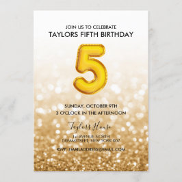 Invitación Purpurina Gold Balloon Gold Fiesta de cumpleaños 5