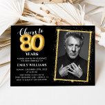 Invitación Purpurina Gold Black 80th Birthday Photo Fiesta<br><div class="desc">Invitación a la fiesta de cumpleaños de purpurina Gold Black 80th</div>