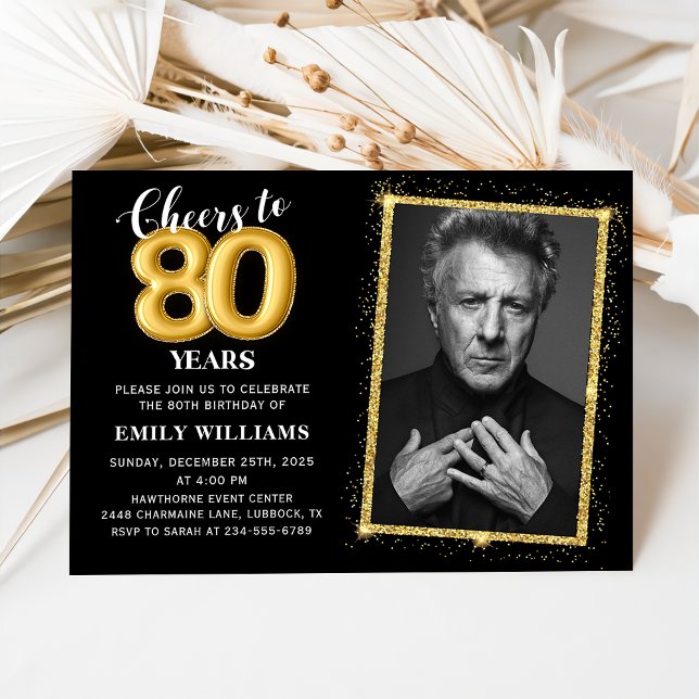 Invitación Purpurina Gold Black 80th Birthday Photo Fiesta (Subido por el creador)