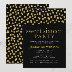 Invitación Purpurina Gold & Black Confetti Sweet Dieciséis Fi