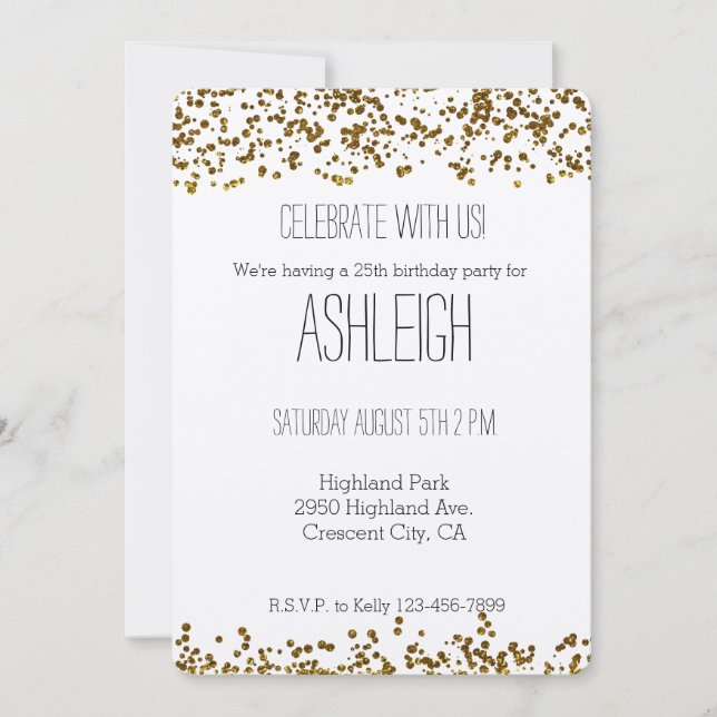Invitación Purpurina Gold Bling Confetti cumpleaños (Anverso)