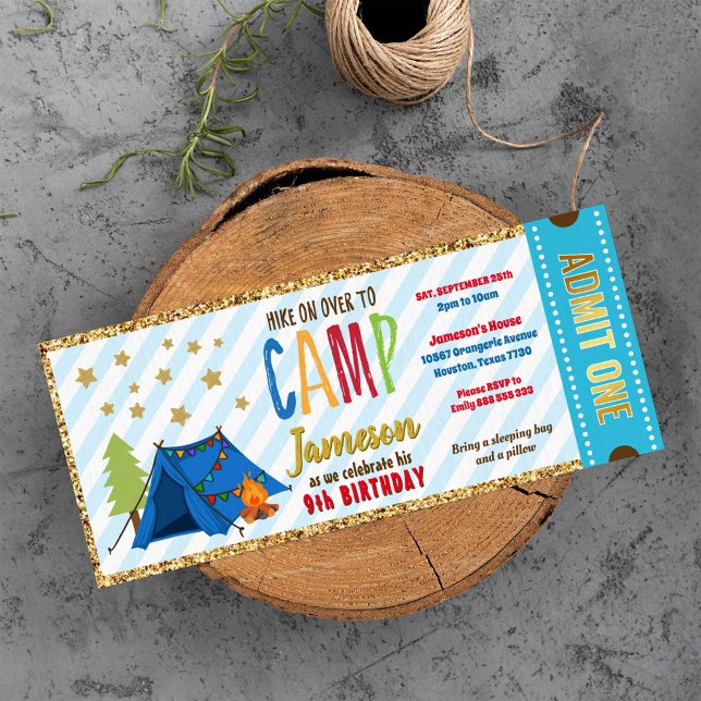 Invitación Purpurina Gold Blue Glamping Ticket Pass Cumpleaño (Subido por el creador)