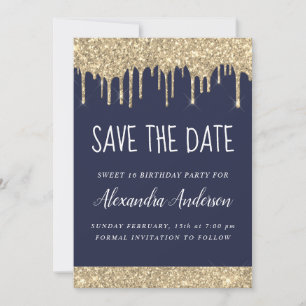 Invitación Purpurina Gold Blue Sparkle Sweet 16 Save the Date