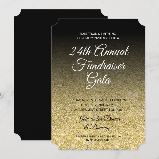 Invitación Purpurina Gold de la Recaudación de Fondos Corpora (Anverso / Reverso)
