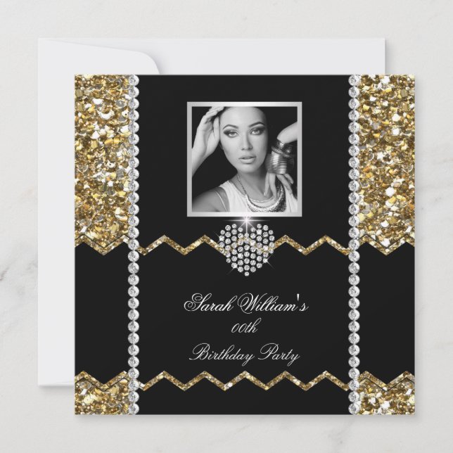 Invitación Purpurina Gold Diamond Heart Photo Birthday Party (Anverso)
