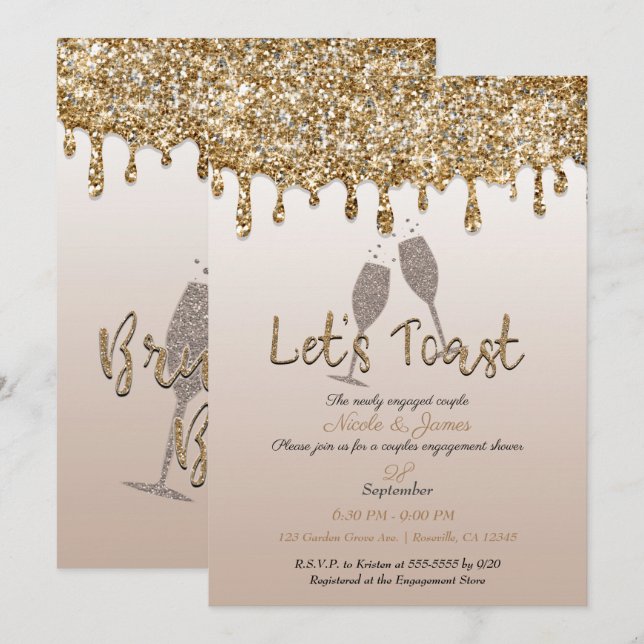 Invitación Purpurina Gold Drip Glam Brunch Engagement Shower (Anverso / Reverso)