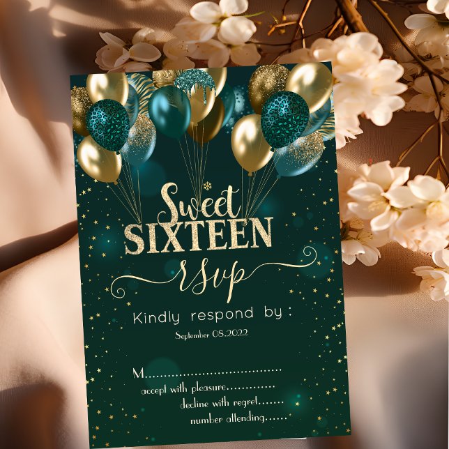 Invitación Purpurina Gold Drips Globos Dulce Verde 16 RSVP (Subido por el creador)