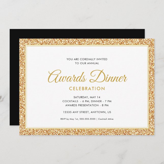 Invitación Purpurina Gold Faux | Celebración de la cena de pr (Anverso / Reverso)