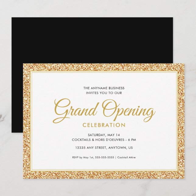 Invitación Purpurina Gold Faux | Gran apertura (Anverso / Reverso)