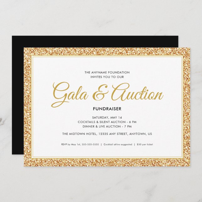 Invitación Purpurina Gold Faux | Subasta de Gala y recaudació (Anverso / Reverso)