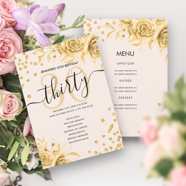 Invitación Purpurina Gold Floral 300th Birthday Menú & Progra (Gold Floral Glitter 30th Birthday Menu & Programs)