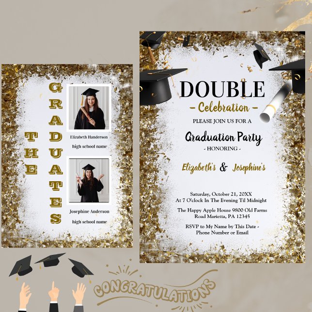 Invitación Purpurina Gold Graduación Doble Dos Graduados De F (Subido por el creador)