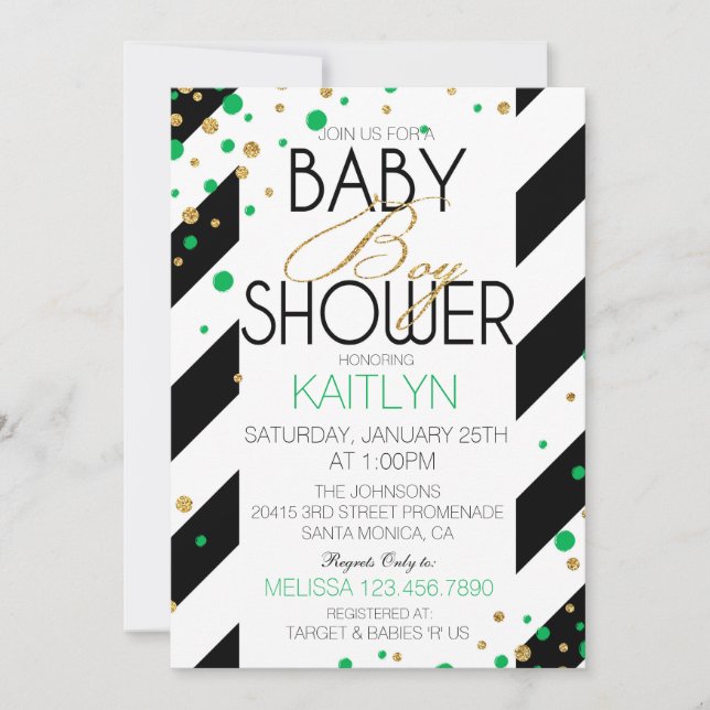 Invitación Purpurina Gold Green Sprinkles Strike Baby Shower (Anverso)