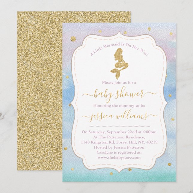Invitación Purpurina Gold Mermaid Baby Shower (Anverso / Reverso)