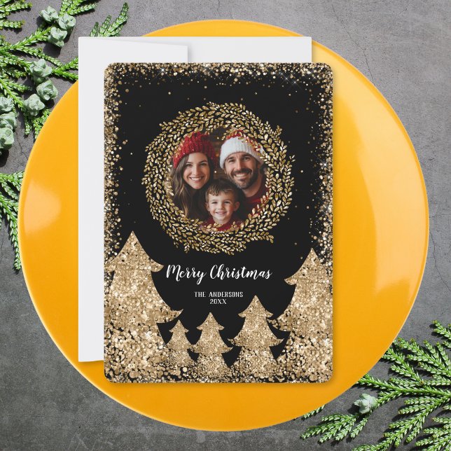 Invitación Purpurina Gold Merry Christmas Wreath Family Photo (Subido por el creador)