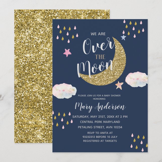 Invitación Purpurina Gold Moon Baby Shower (Anverso / Reverso)
