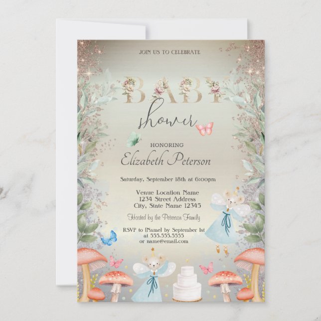 Invitación Purpurina Gold Mushrooms Baby Mouses Baby Shower (Anverso)