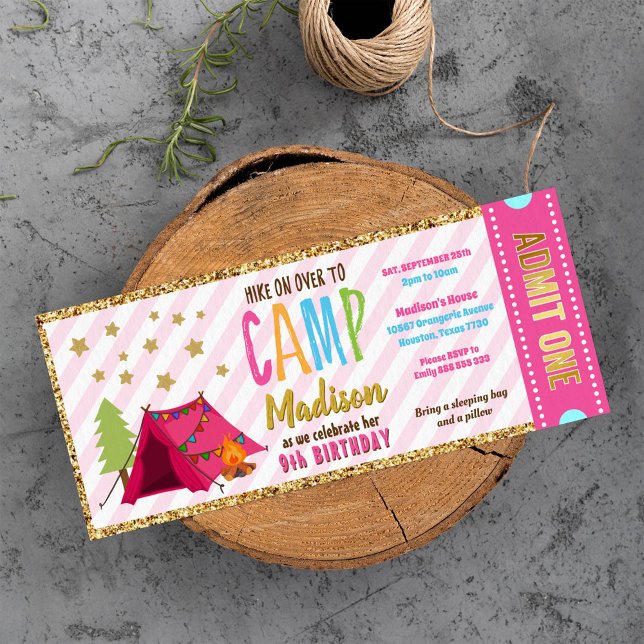 Invitación Purpurina Gold Pink Glamping Ticket Pass Cumpleaño (Subido por el creador)