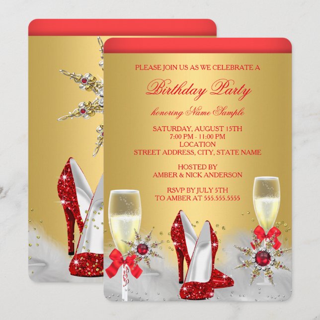 Invitación Purpurina Gold Red High Heels Silver Champagne (Anverso / Reverso)