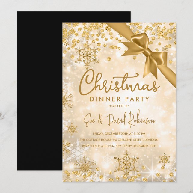 Invitación Purpurina Gold Ribbon Xmas vacaciones de invierno (Anverso / Reverso)