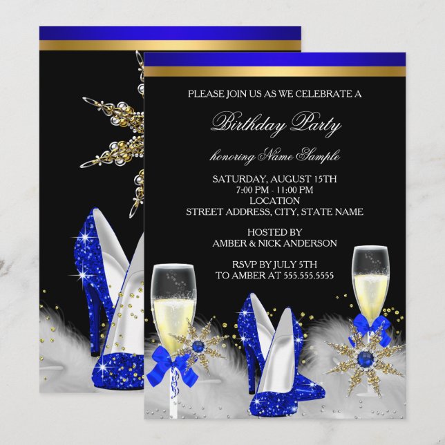 Invitación Purpurina Gold Royal Blue Heels Black Champagne (Anverso / Reverso)