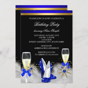 Invitación Purpurina Gold Royal Blue Heels Black Champagne